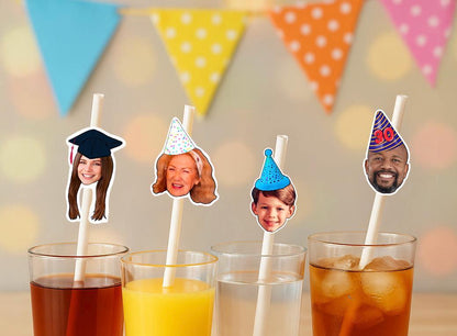 Personalised Photo Straws with Custom Hats for Birthdays, Weddings, and Celebrations