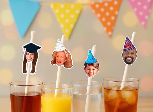 Personalised Photo Straws with Custom Hats for Birthdays, Weddings, and Celebrations