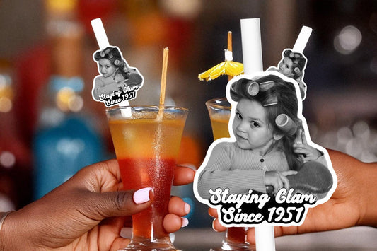 Vintage Glam Party Straws – Personalised Retro Photo Drink Decorations – Custom Old Hollywood Party Favours