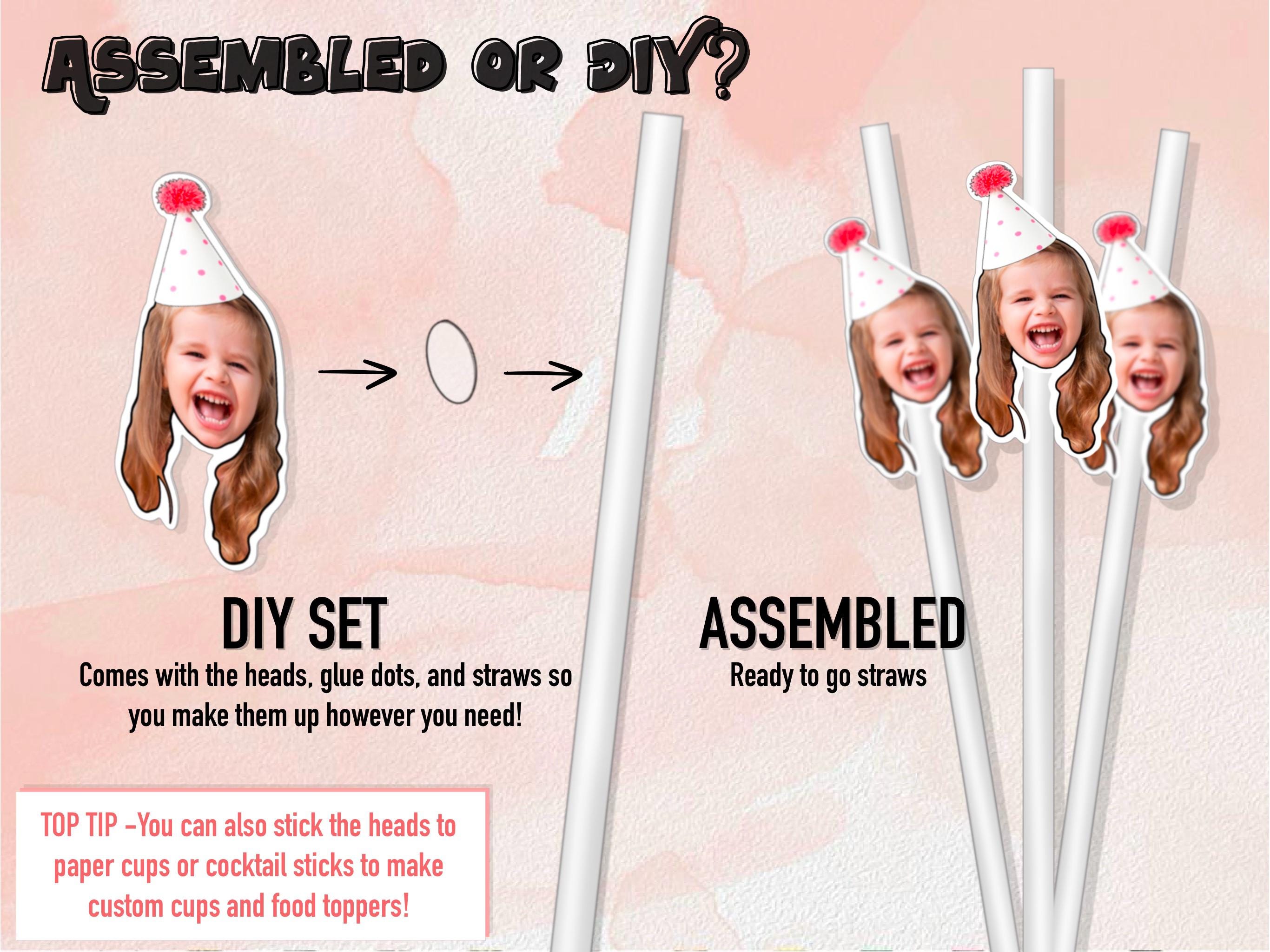 Personalised birthday straws with fun custom face toppers wearing party hats. Choose a DIY set with cutout heads, glue dots, and straws to assemble at home, or select ready-to-use assembled straws. A unique decoration idea for kids’ birthdays, milestone parties, or fun celebrations. These custom drink toppers make your drinks stand out and can also be used as food toppers or stuck onto paper cups for an extra personal party touch.