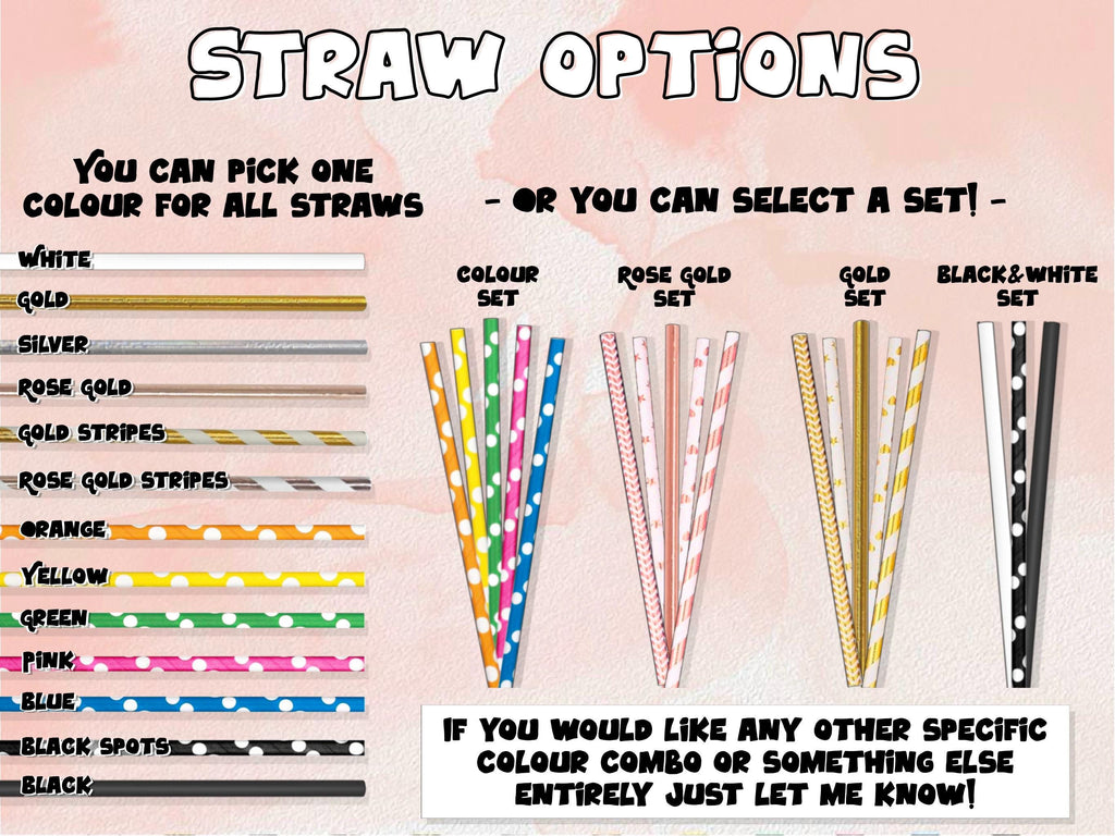 Straw colour options chart for personalised party straws. Choose from a wide range including white, gold, silver, rose gold, gold stripes, rose gold stripes, orange, yellow, green, pink, blue, black spots, and black. You can also pick themed sets such as the Colour Set, Rose Gold Set, Gold Set, or Black & White Set. Perfect for birthdays, weddings, graduations, hen parties, and special celebrations. Custom straw colours available on request.