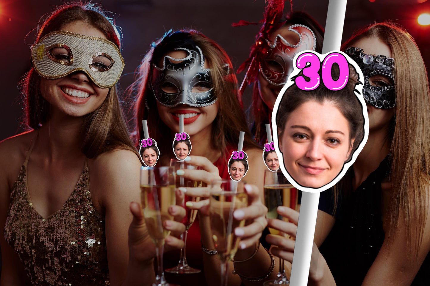 30th Birthday Party Straws – Personalised Face Drink Decorations – Funny 40th, 50th & 60th Birthday Party Supplies – Custom Drink Favours