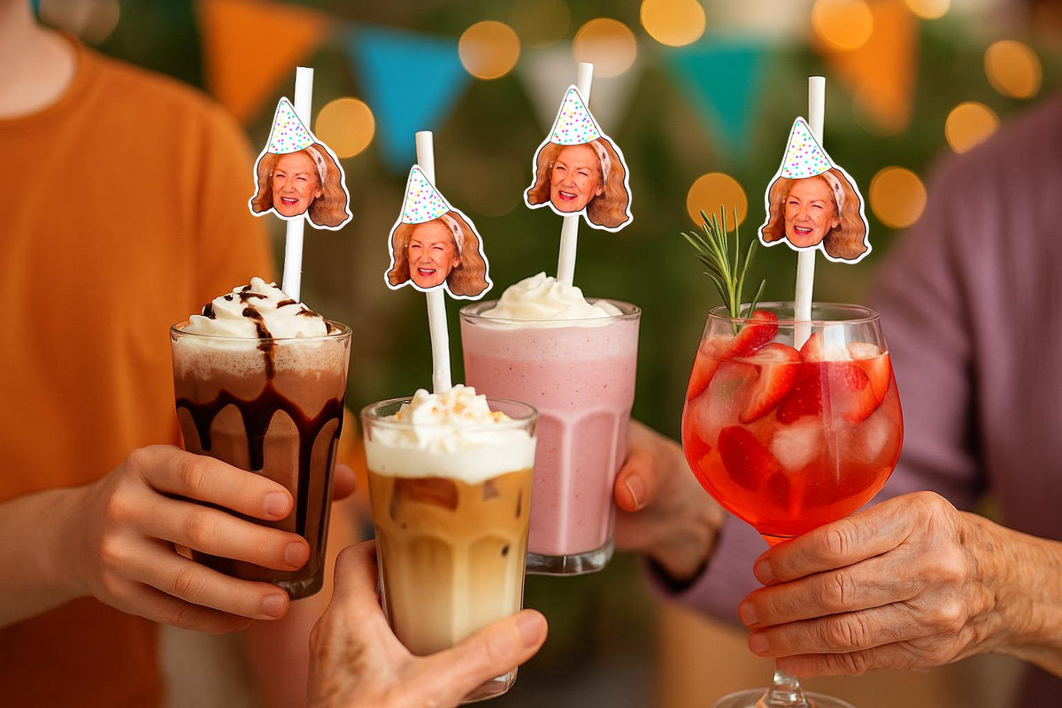 70th Birthday Party Straws – Personalised Face Drink Decorations – Funny 80th, 90th & 100th Birthday Party Supplies – Custom Drink Favours