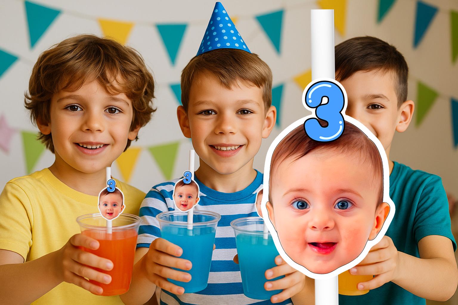 Personalised Photo Straws with Custom Hats for Birthdays, Weddings, and Celebrations