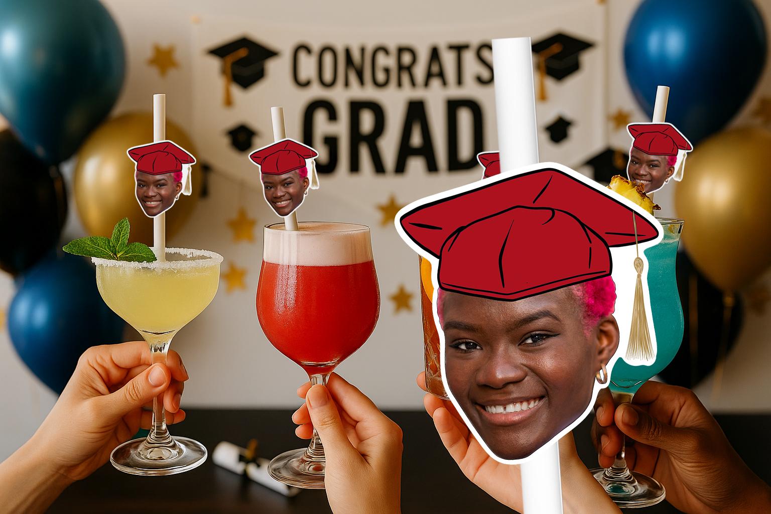 Graduation Party Straws – Personalised Graduate Face Drink Decorations – Custom Class of 2025 Party Supplies – Funny Graduation Favours