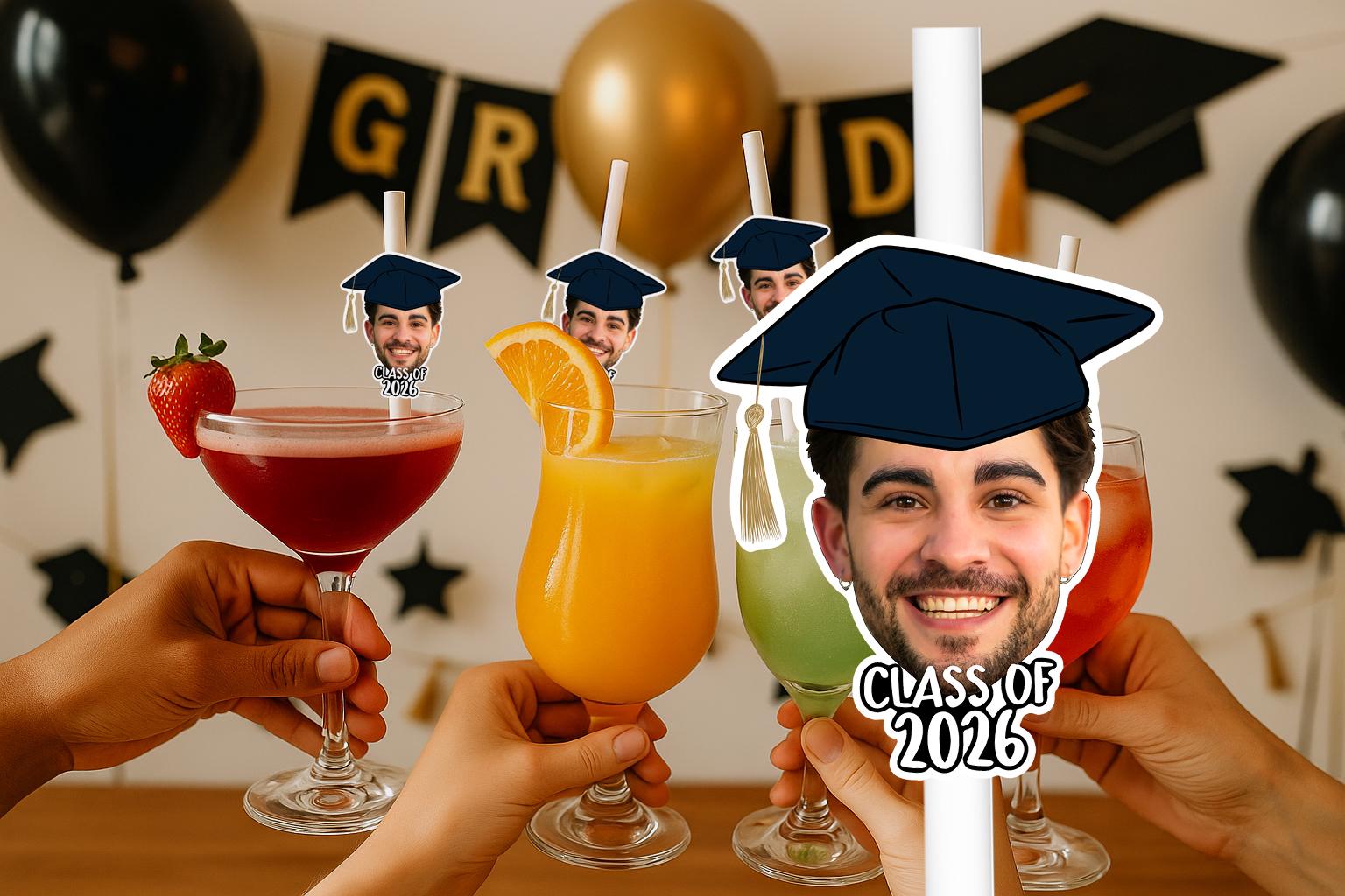 Graduation Party Straws – Personalised Graduate Face Drink Decorations – Custom Class of 2025 Party Supplies – Funny Graduation Favours
