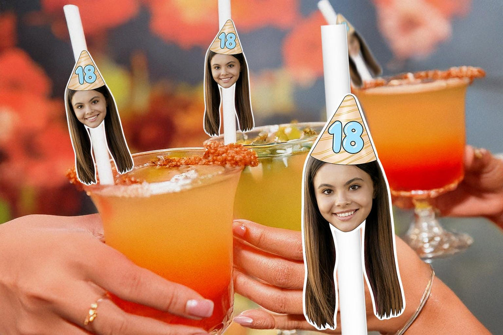18th Birthday Party Straws – Personalised Face Drink Decorations – Funny 21st & 30th Birthday Party Supplies – Custom Cocktail Favours