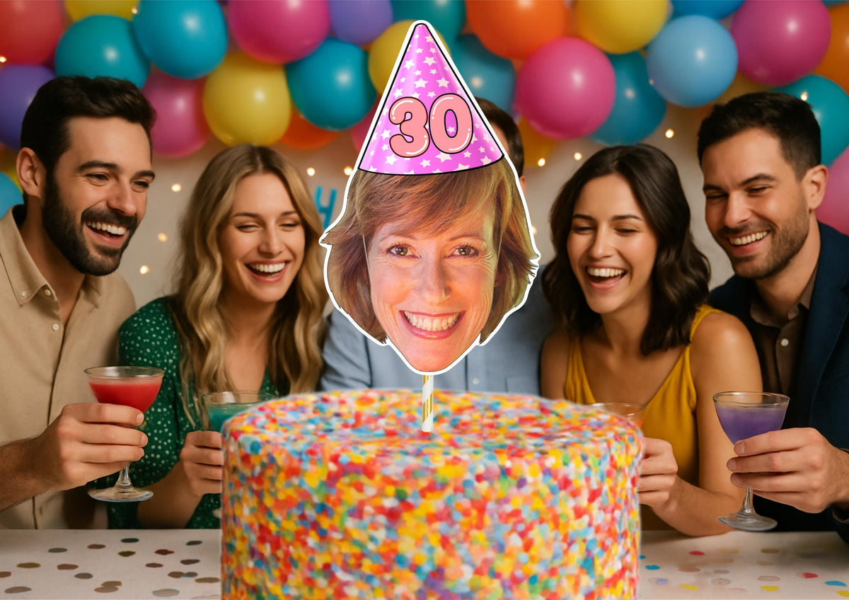Personalised Face Birthday Cake Topper, Custom Photo Cake Decoration, Funny Party Hat Topper for Any Age