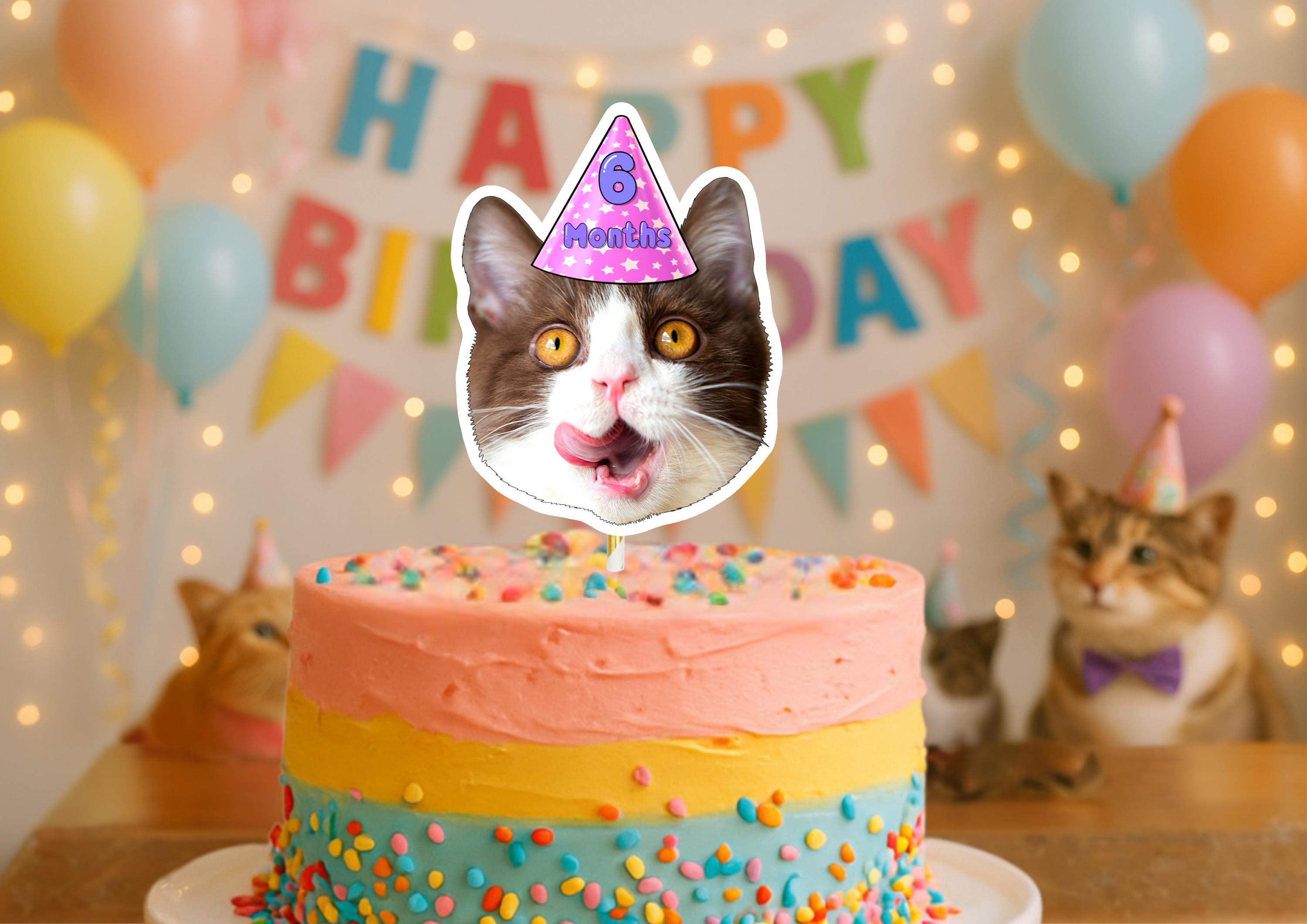Cat Cake Topper – Custom Cat Face Photo Cake Decoration – Personalised Cat Birthday Party Supplies – Funny Kitty Cake Props