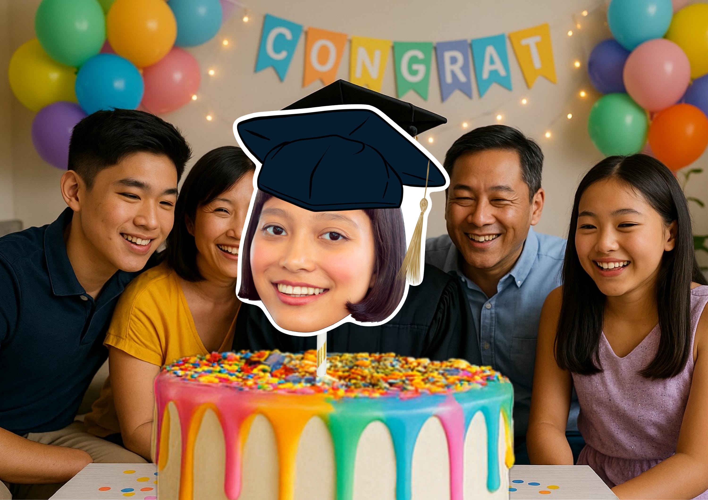Graduation Cake Topper – Custom Face Photo Cake Decoration – Personalised Graduate Party Supplies – Funny Congrats Grad Cake Props