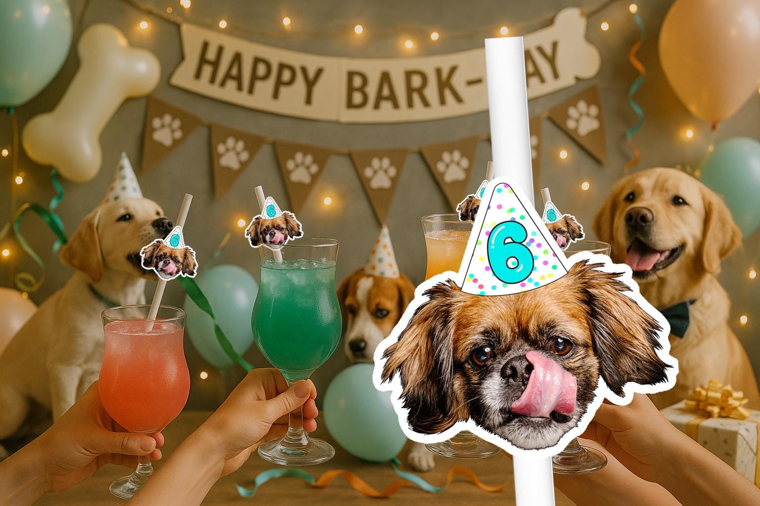 Dog Party Straws – Personalised Dog Face Drink Decorations – Custom Paw-ty Birthday Supplies – Funny Pet Party Favours
