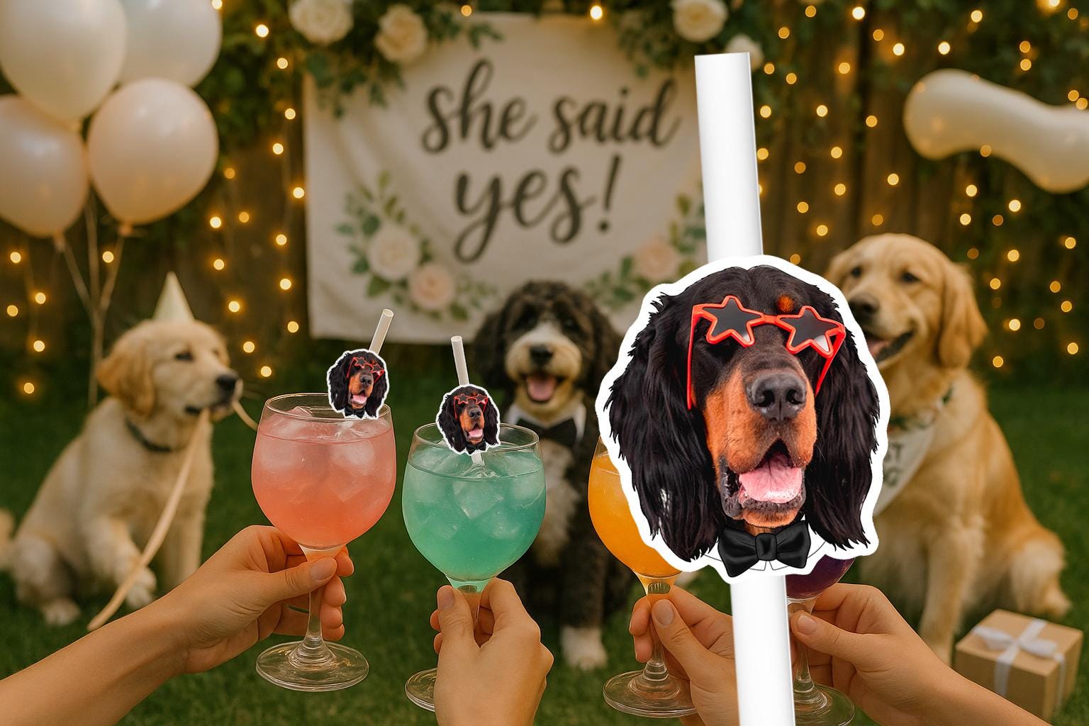 Pet Wedding Straws – Personalised Dog or Cat Face Wedding Drink Decorations – Custom Pet Wedding Favours – Engagement Party Straws
