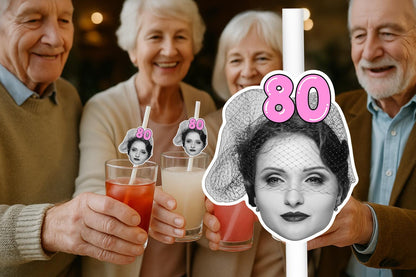 Vintage Glam Party Straws – Personalised Retro Photo Drink Decorations – Custom Old Hollywood Party Favours