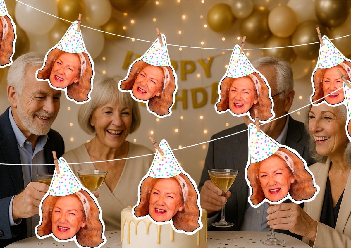 70th Birthday Banner – Personalised Face Garland – Funny Custom Photo Banner for Milestone Celebration – “Cheers to 70 Years” Party