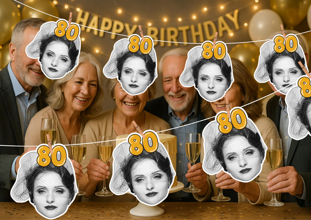 70th Birthday Banner – Personalised Face Garland – Funny Custom Photo Banner for Milestone Celebration – “Cheers to 70 Years” Party