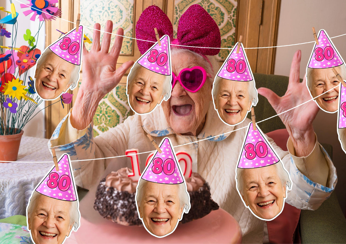 70th Birthday Banner – Personalised Face Garland – Funny Custom Photo Banner for Milestone Celebration – “Cheers to 70 Years” Party