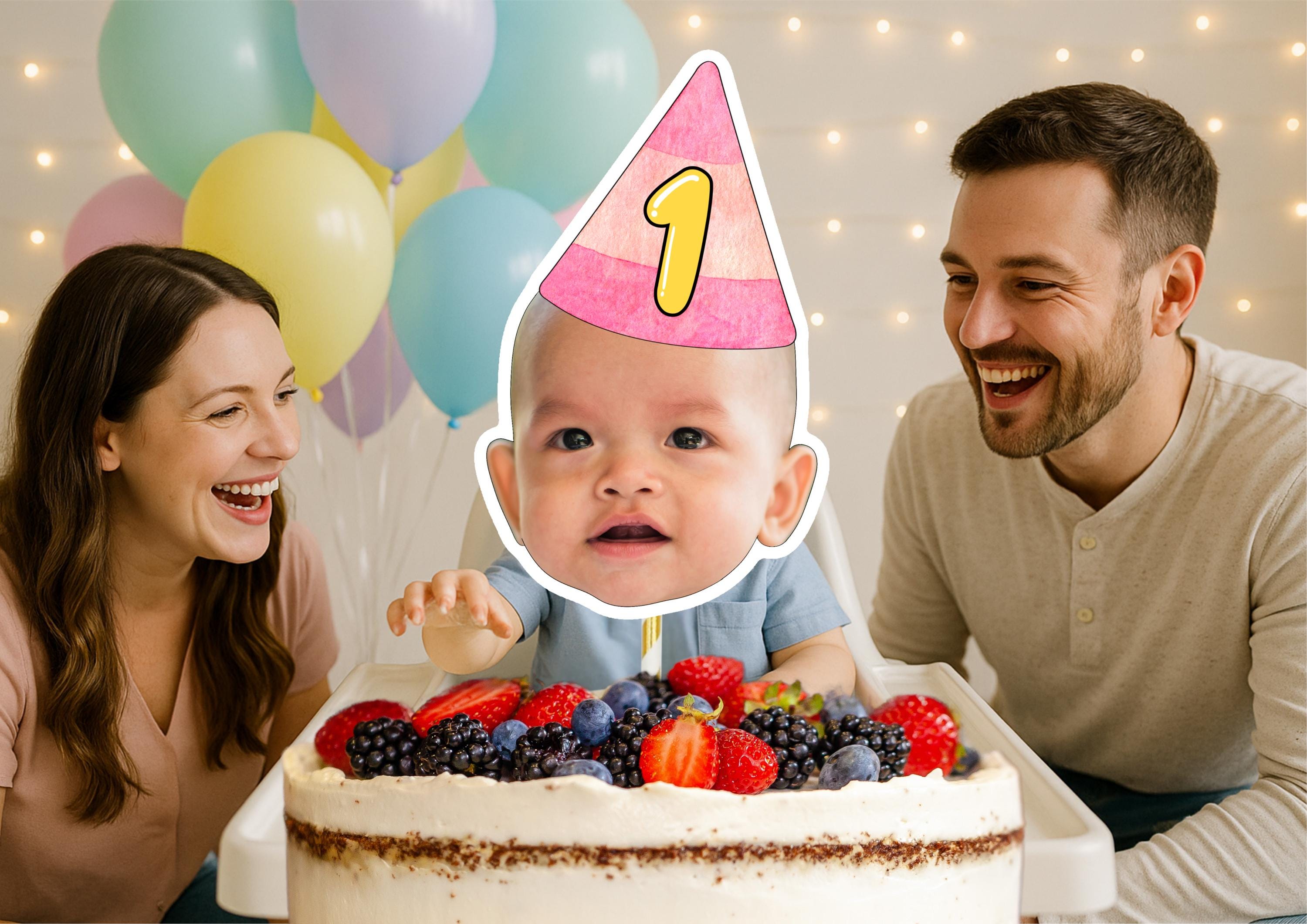 1st Birthday Cake Topper – Custom Face Photo Cake Decoration – Personalised First Birthday Party Supplies – Funny Cake Smash Topper