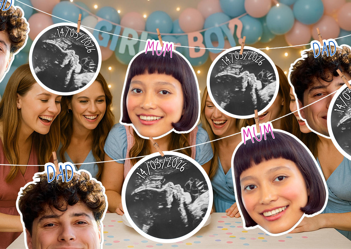 Custom Baby Scan & Baby Banner – Personalised Face Garland – Baby Shower, Gender Reveal, Christening and First Birthday Photo Decoration