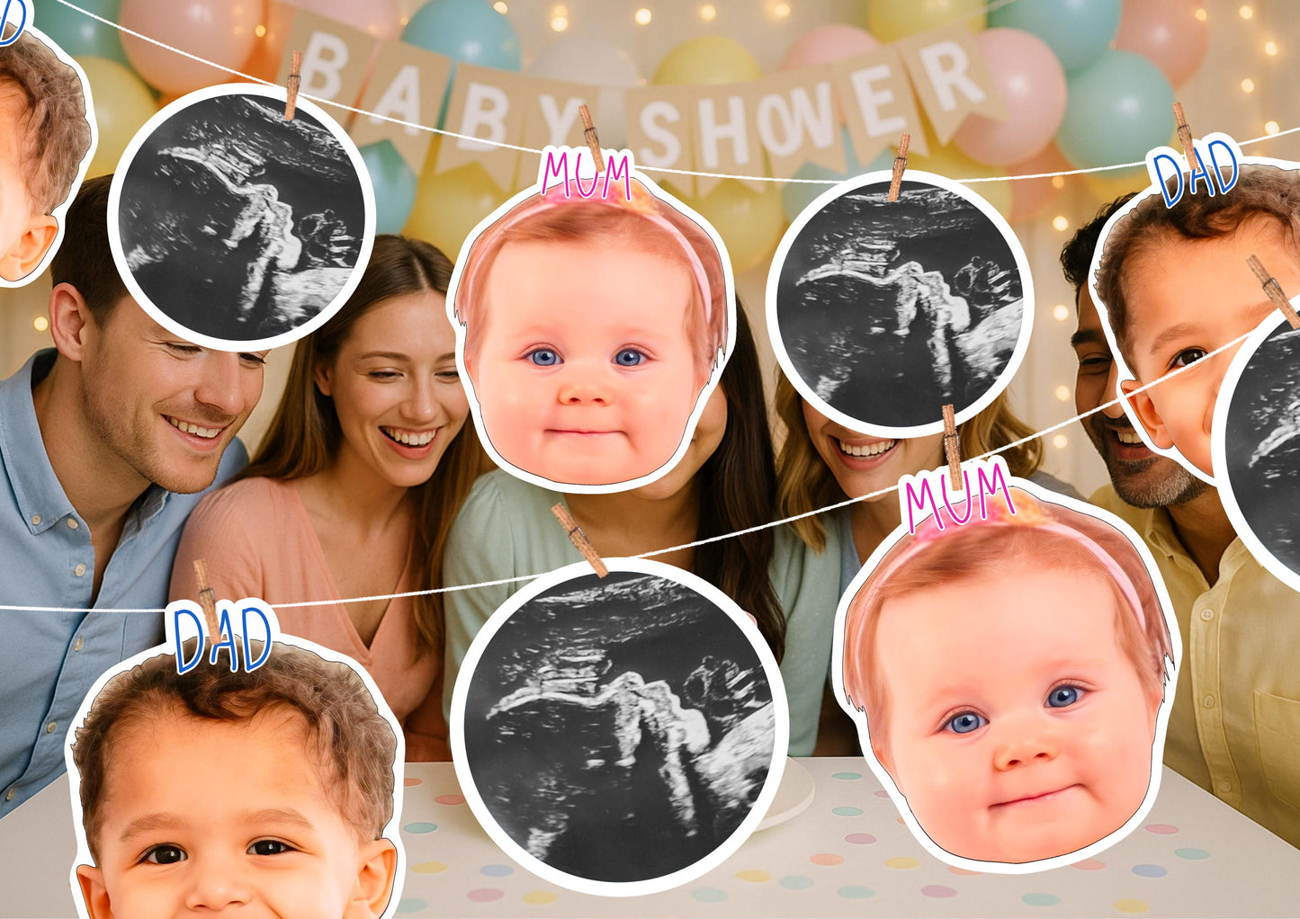 Custom Baby Scan & Baby Banner – Personalised Face Garland – Baby Shower, Gender Reveal, Christening and First Birthday Photo Decoration
