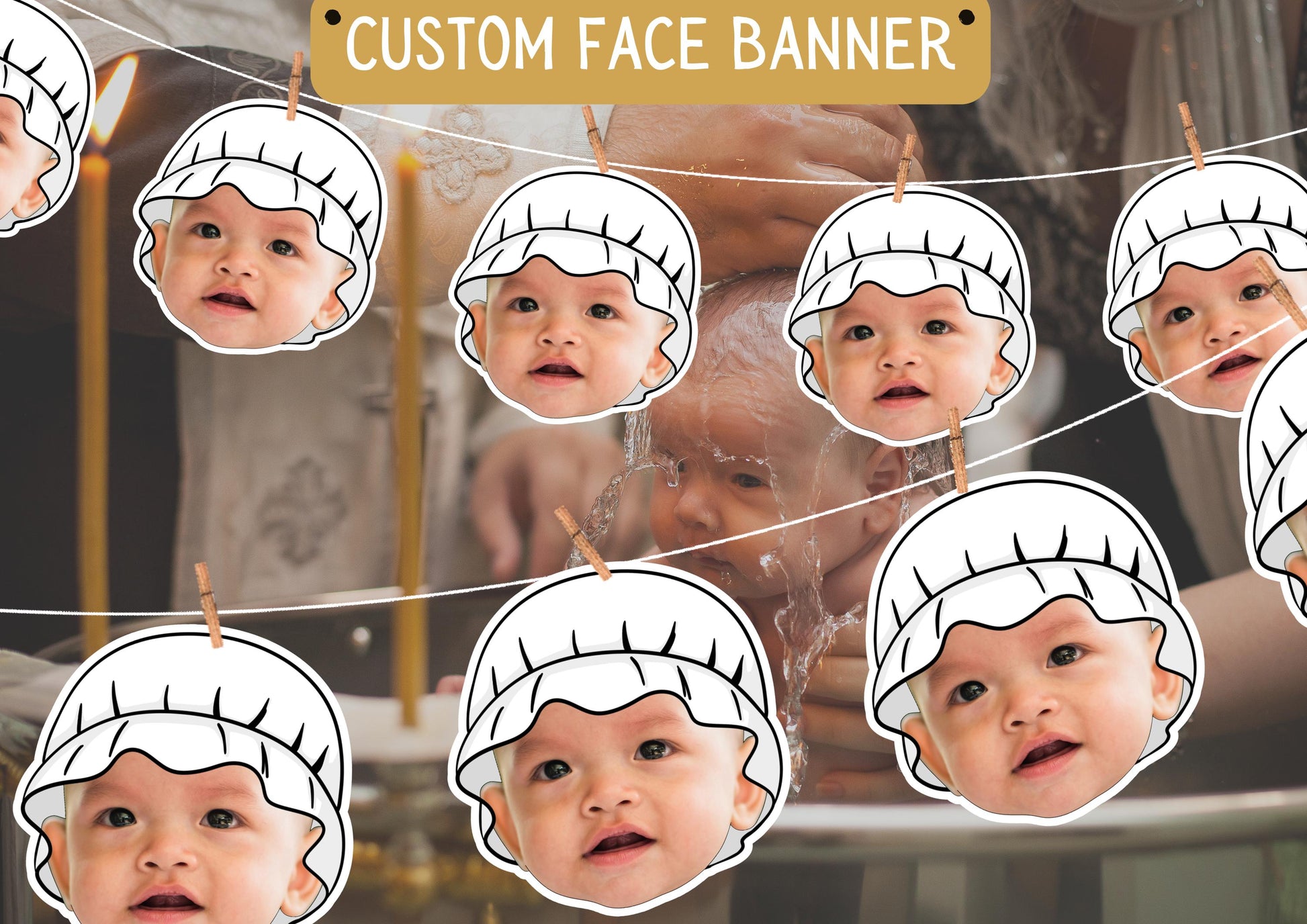 Baptism photo Banner | Personalised Christening Face Garland | Custom Baby art | Religious Fun Party Decoration and Decor