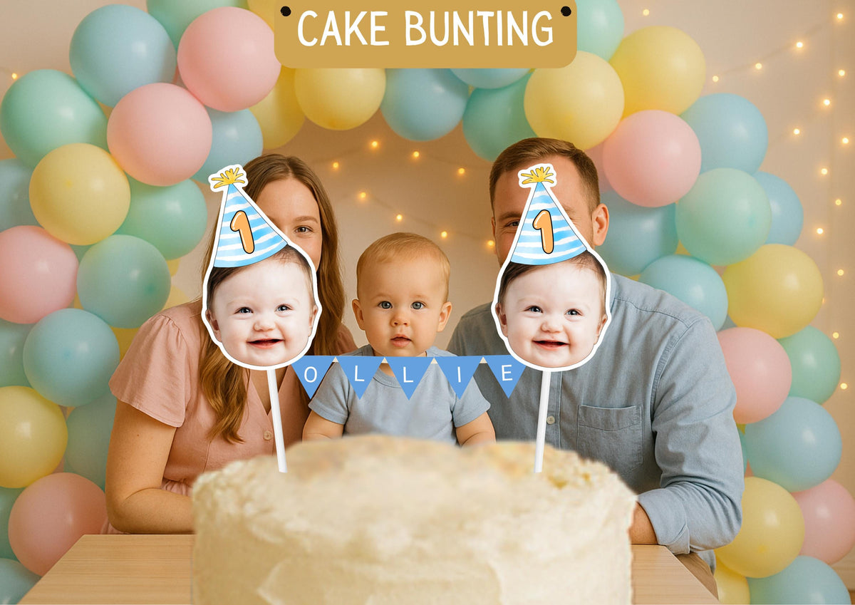 Personalized 1st Birthday Cake Topper: Custom Baby Photo, Name Bunting & Face Decoration Keepsake