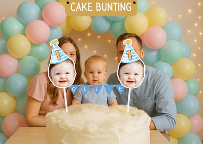 Personalized 1st Birthday Cake Topper: Custom Baby Photo, Name Bunting & Face Decoration Keepsake