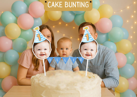 Personalized 1st Birthday Cake Topper: Custom Baby Photo, Name Bunting & Face Decoration Keepsake