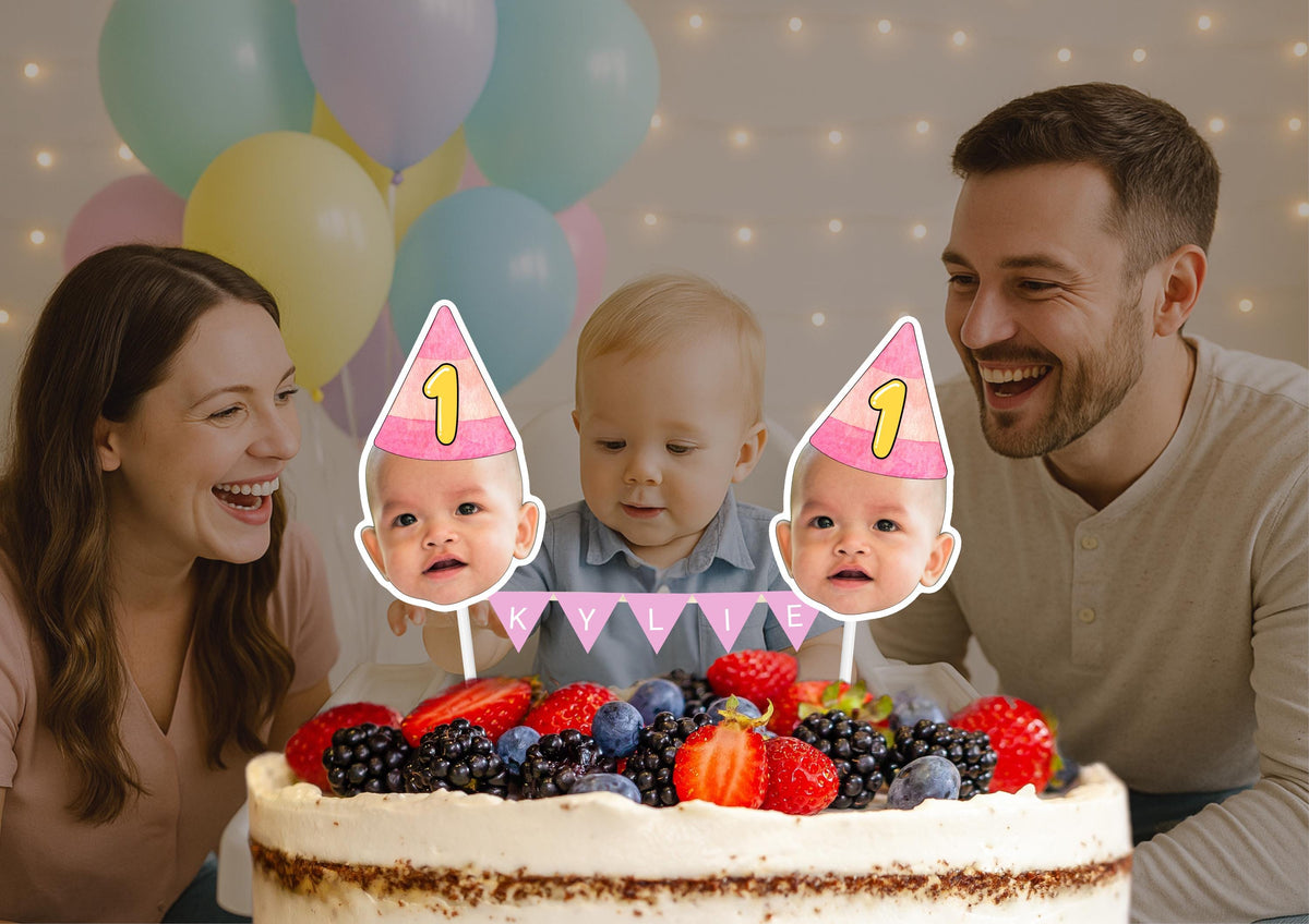 Personalized 1st Birthday Cake Topper: Custom Baby Photo, Name Bunting & Face Decoration Keepsake