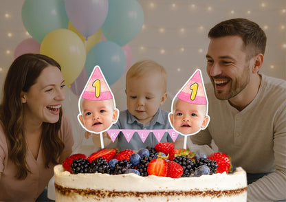 Personalized 1st Birthday Cake Topper: Custom Baby Photo, Name Bunting & Face Decoration Keepsake