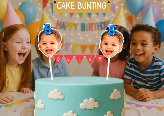 Personalised Kids Birthday Cake Topper | Custom Face & Name Bunting Topper | Fun Children’s Photo Cake Decoration | Colourful Party Decor