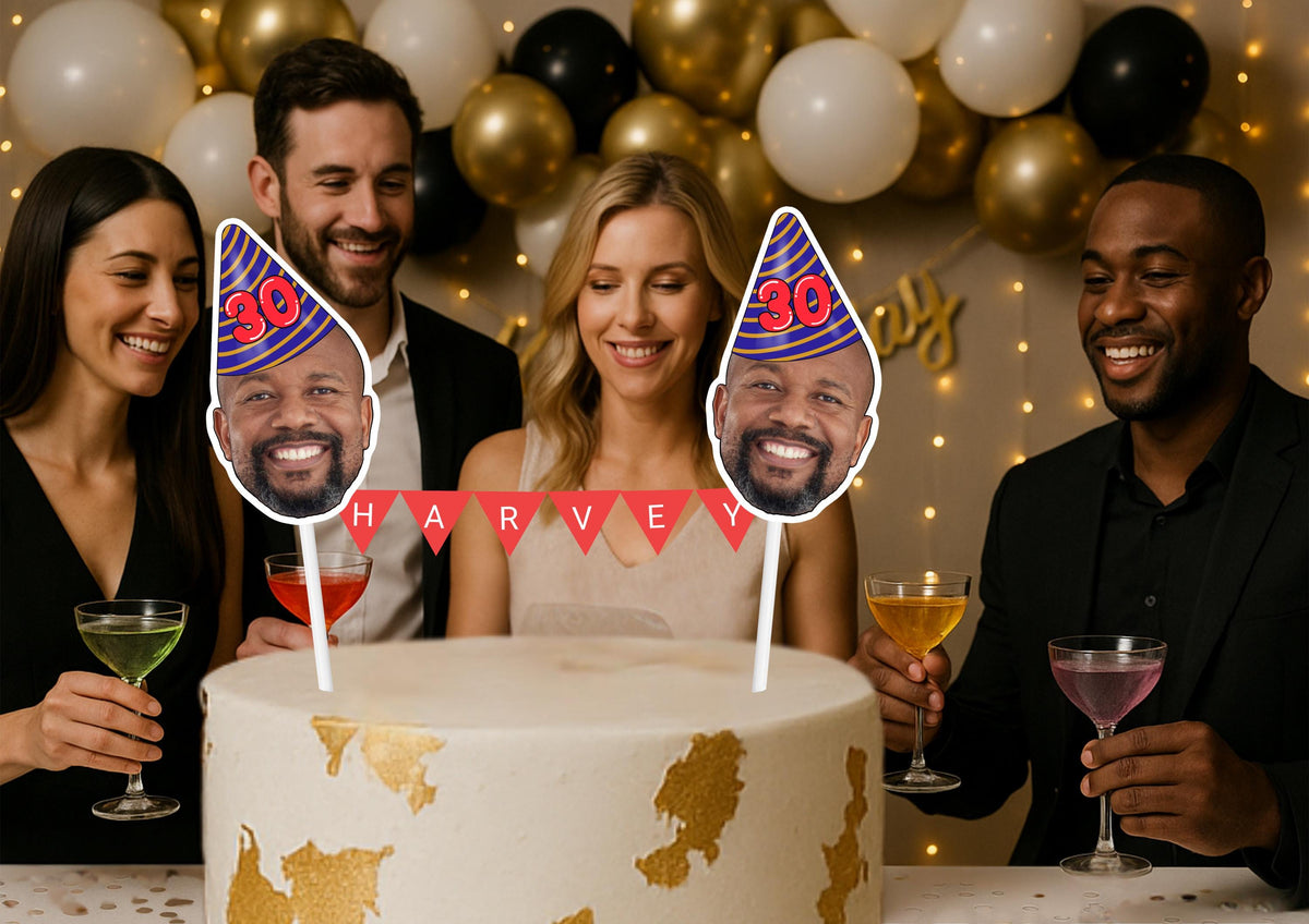 Personalised 30th Birthday Face & Name Bunting Cake Topper | Custom Milestone Party Decoration | Funny Adult Birthday Cake Decoration