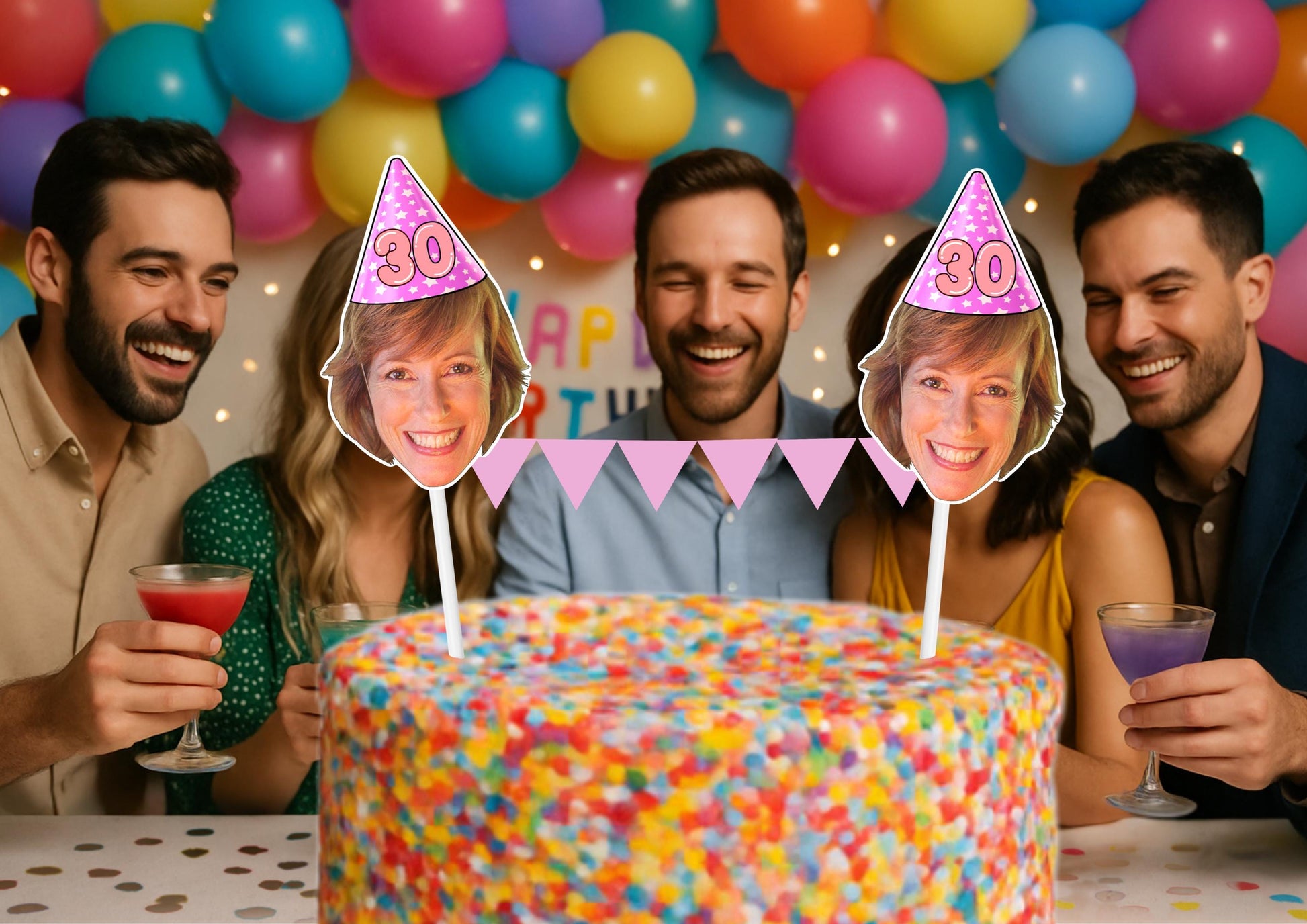Personalised 30th Birthday Face & Name Bunting Cake Topper | Custom Milestone Party Decoration | Funny Adult Birthday Cake Decoration
