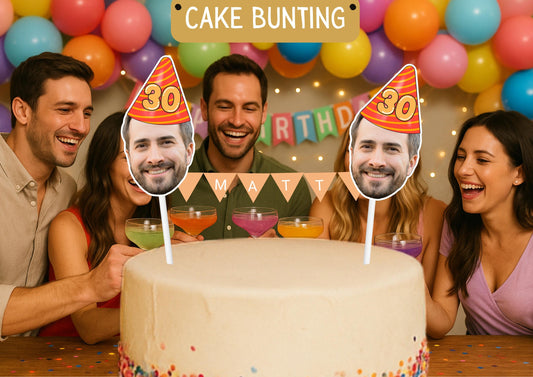 Personalised 30th Birthday Face & Name Bunting Cake Topper | Custom Milestone Party Decoration | Funny Adult Birthday Cake Decoration