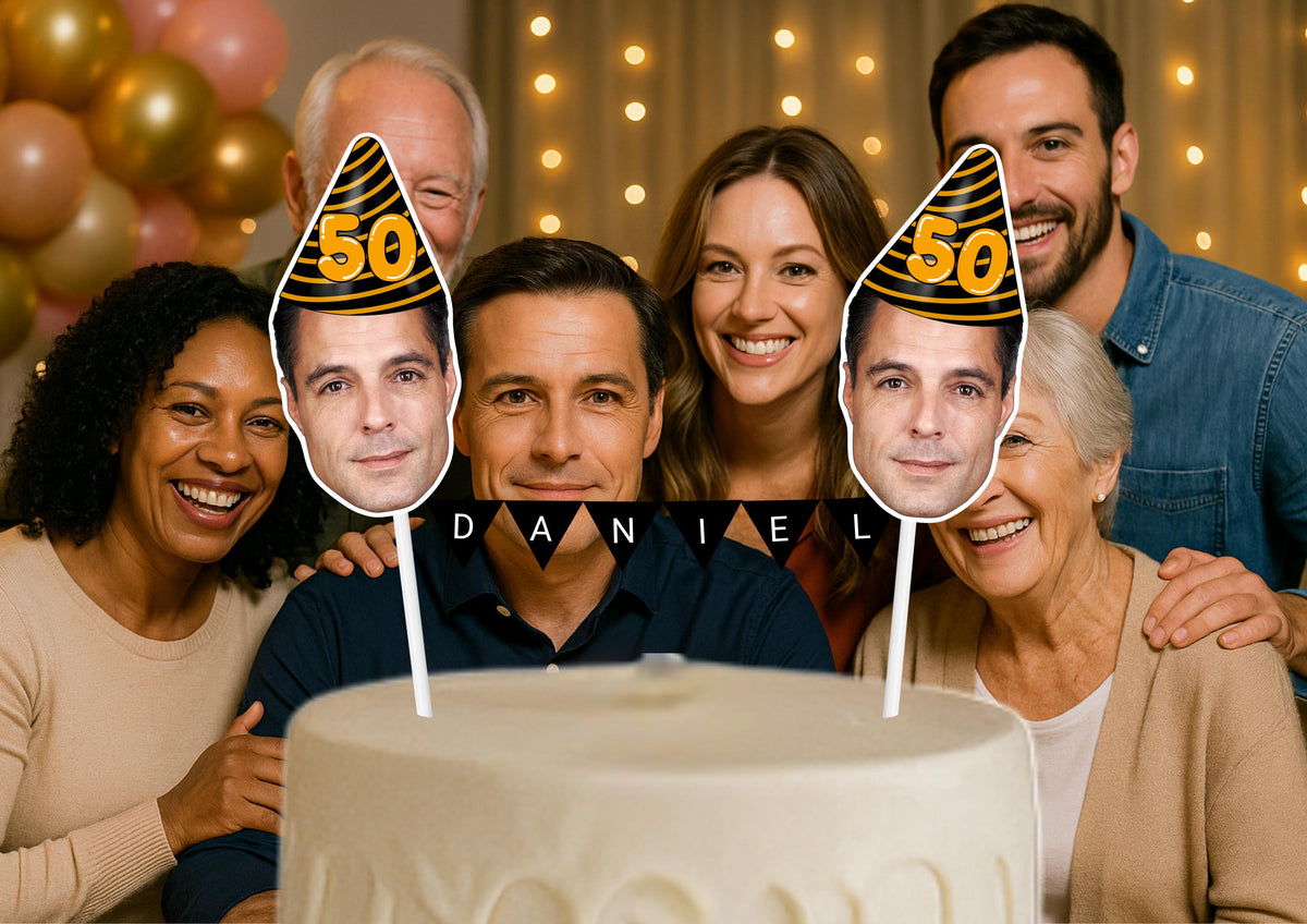 Personalised Milestone Birthday Cake Topper with Custom Face & Name Bunting for 60th 70th 80th 90th 100th Celebrations