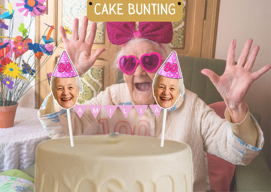 Personalised Milestone Birthday Cake Topper with Custom Face & Name Bunting for 60th 70th 80th 90th 100th Celebrations