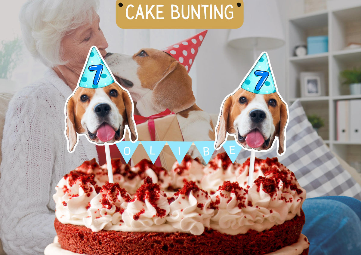 Personalised Pet Birthday Cake Topper: Custom Dog or Cat Face with Name Bunting for Paw-ty Celebration