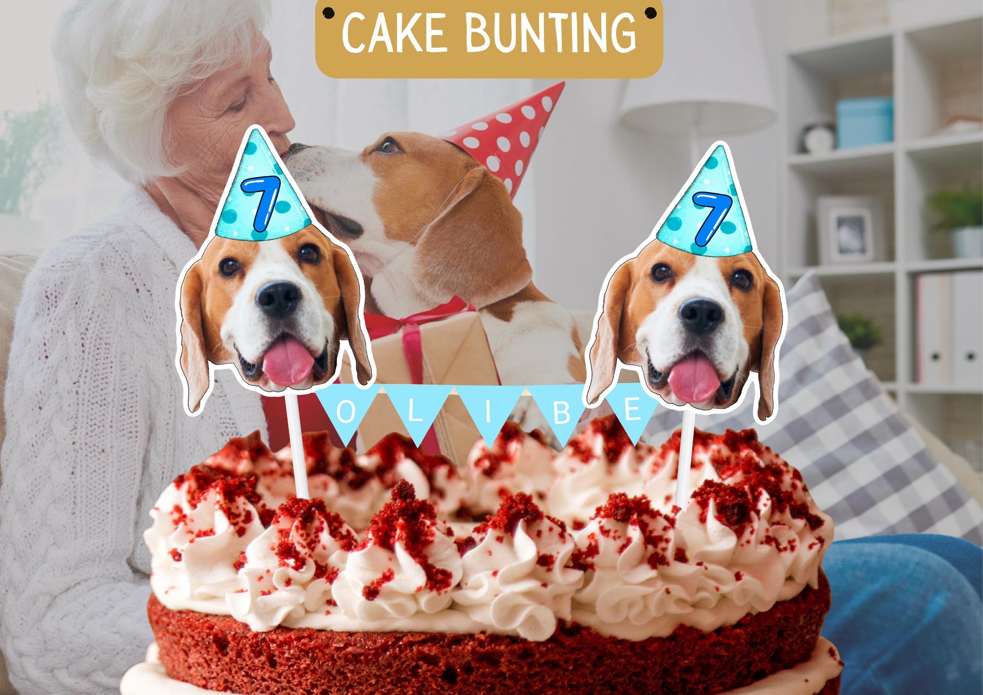 Personalised Pet Birthday Cake Topper: Custom Dog or Cat Face with Name Bunting for Paw-ty Celebration
