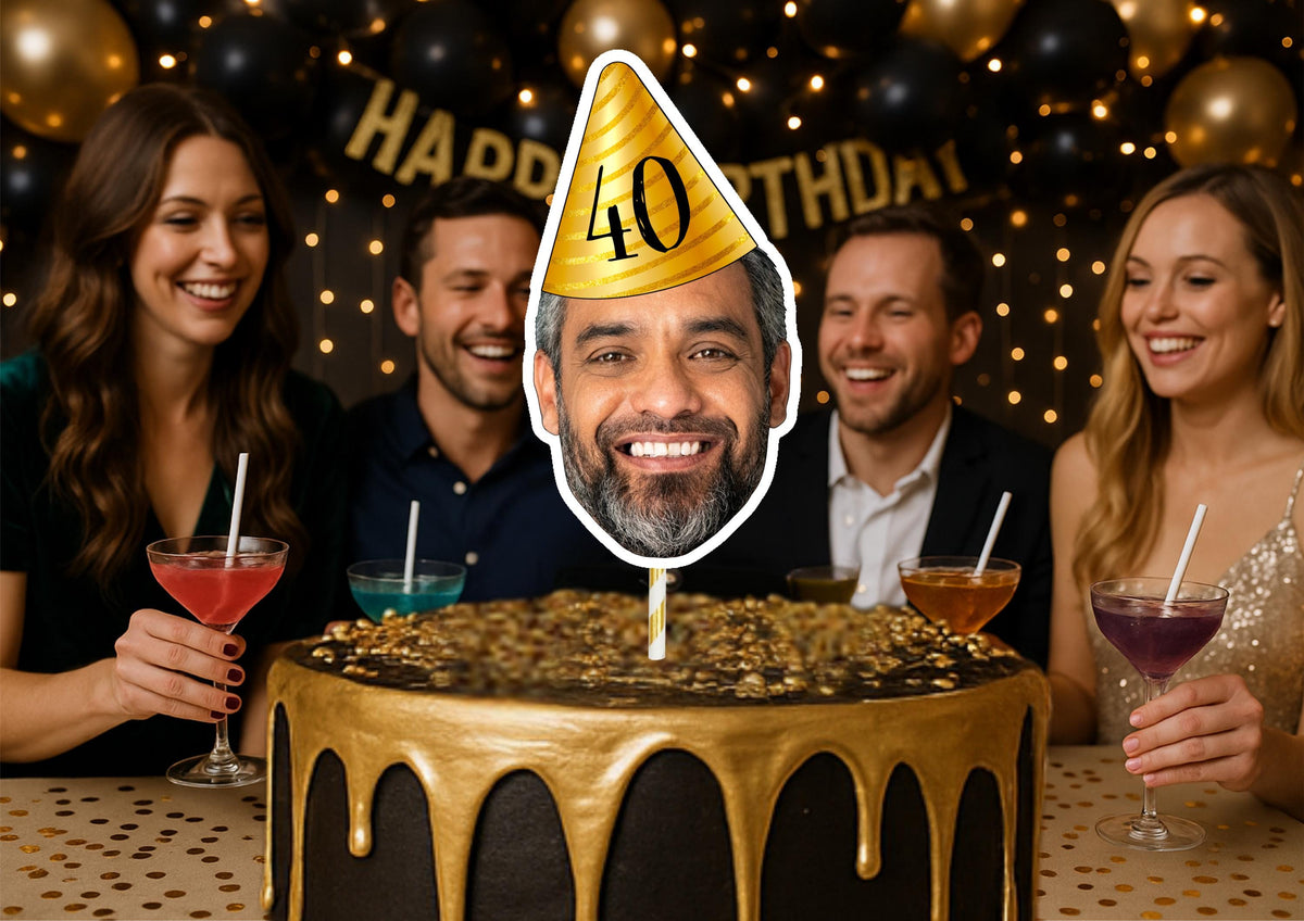 Personalised Face Birthday Cake Topper, Custom Photo Cake Decoration, Funny Party Hat Topper for Any Age