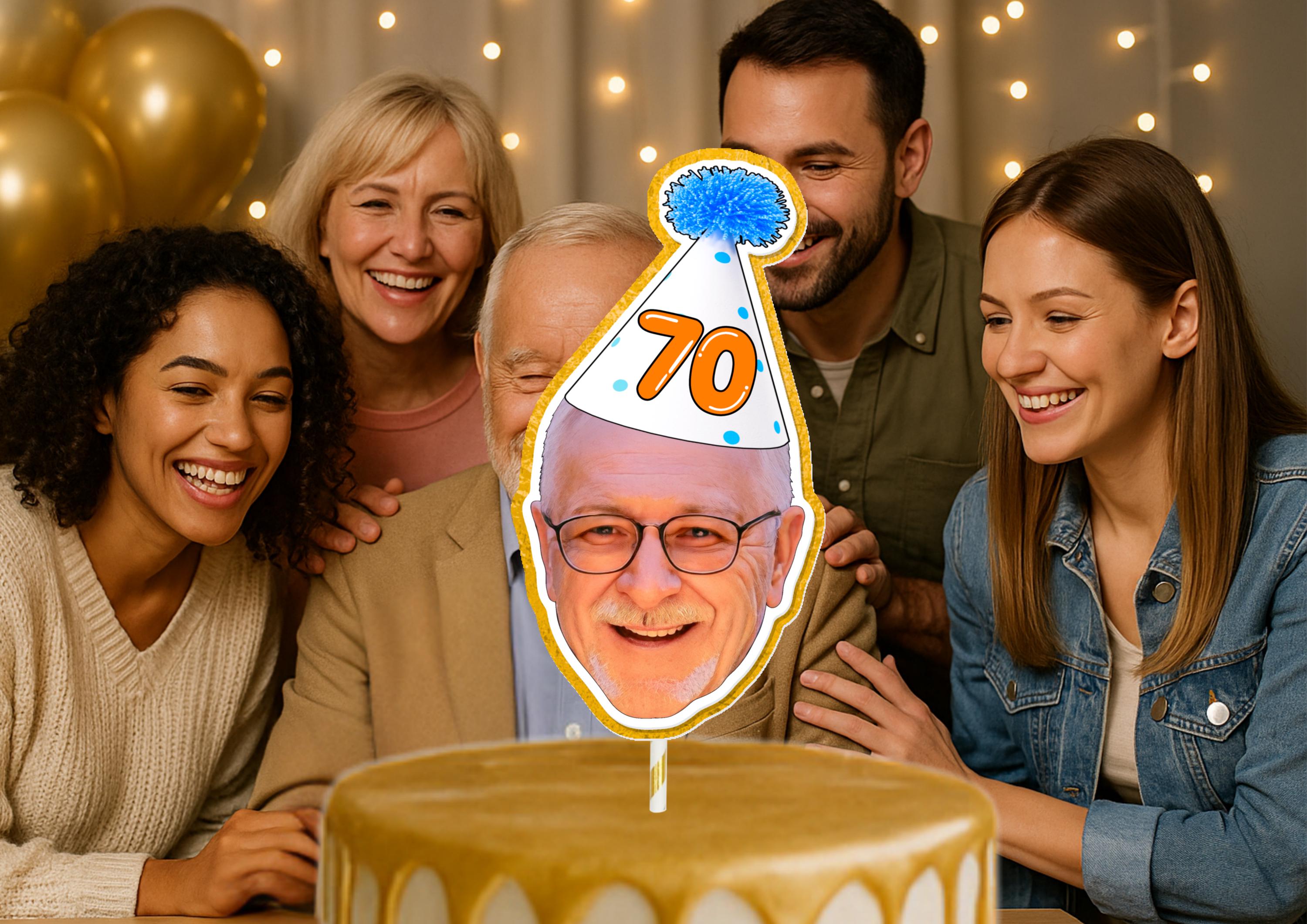 Personalised Milestone Birthday Cake Topper with Custom Face Photo for 50th, 60th, 70th Celebrations