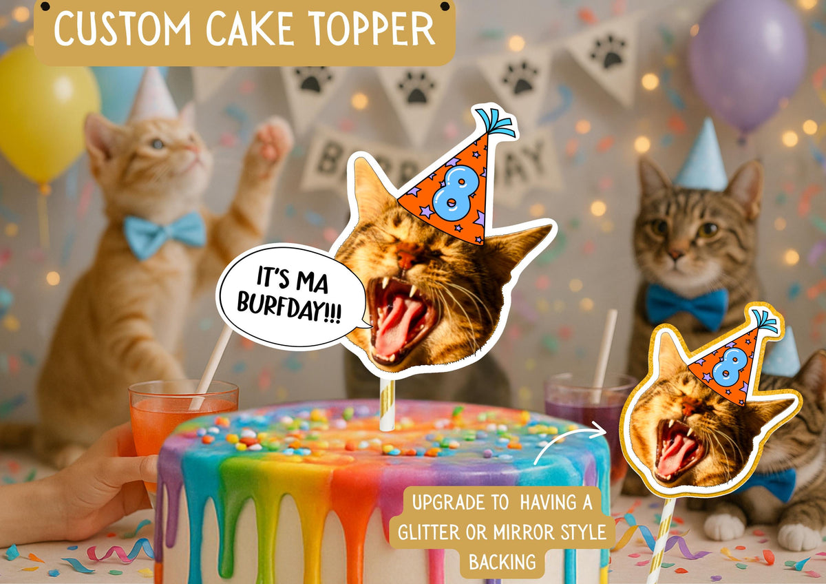 Cat Cake Topper – Custom Cat Face Photo Cake Decoration – Personalised Cat Birthday Party Supplies – Funny Kitty Cake Props