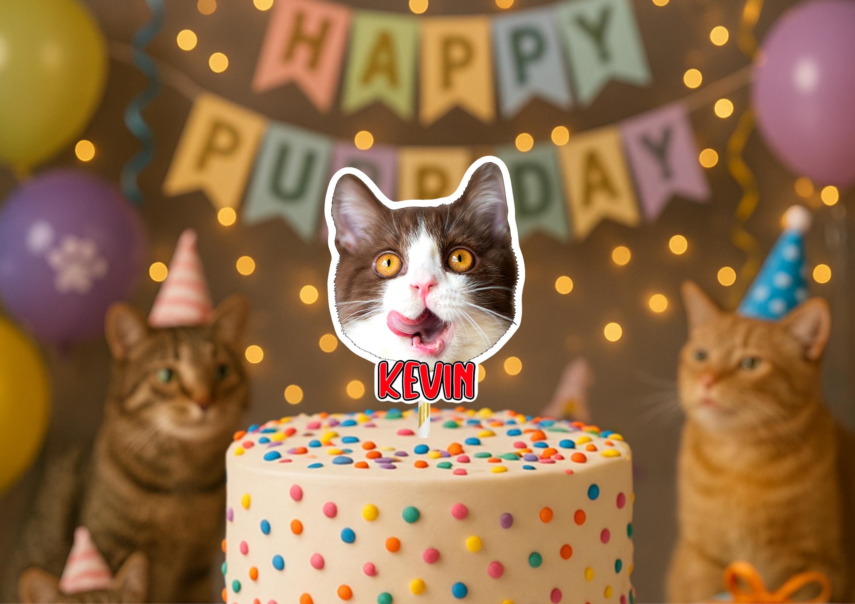 Cat Cake Topper – Custom Cat Face Photo Cake Decoration – Personalised Cat Birthday Party Supplies – Funny Kitty Cake Props