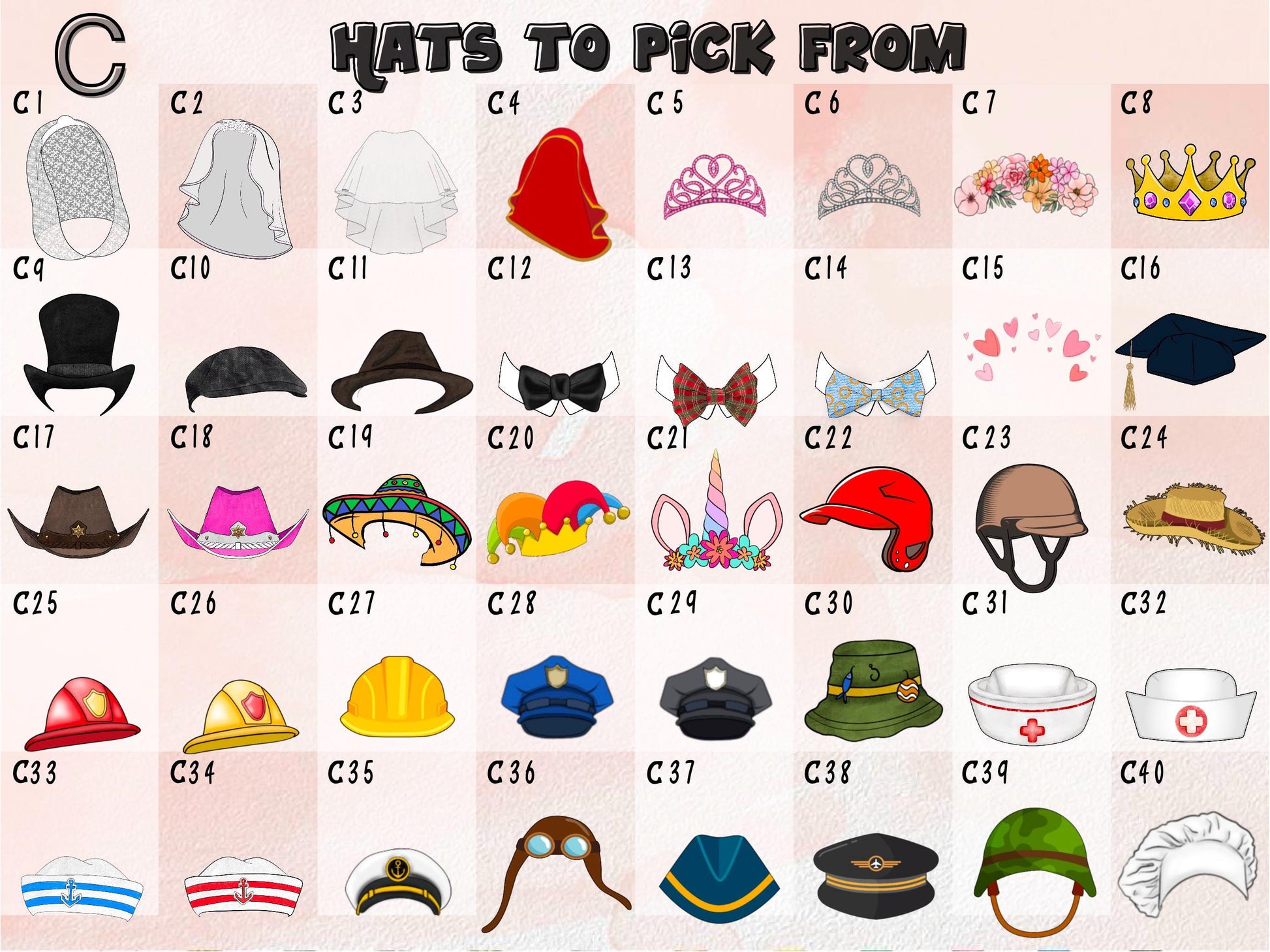 Hat options chart for custom party decorations – choose from 40 designs including veils, crowns, tiaras, cowboy hats, graduation caps, bow ties, helmets, sailor hats, nurse hats, and more. Perfect for personalised cupcake toppers, straws, banners, and confetti.