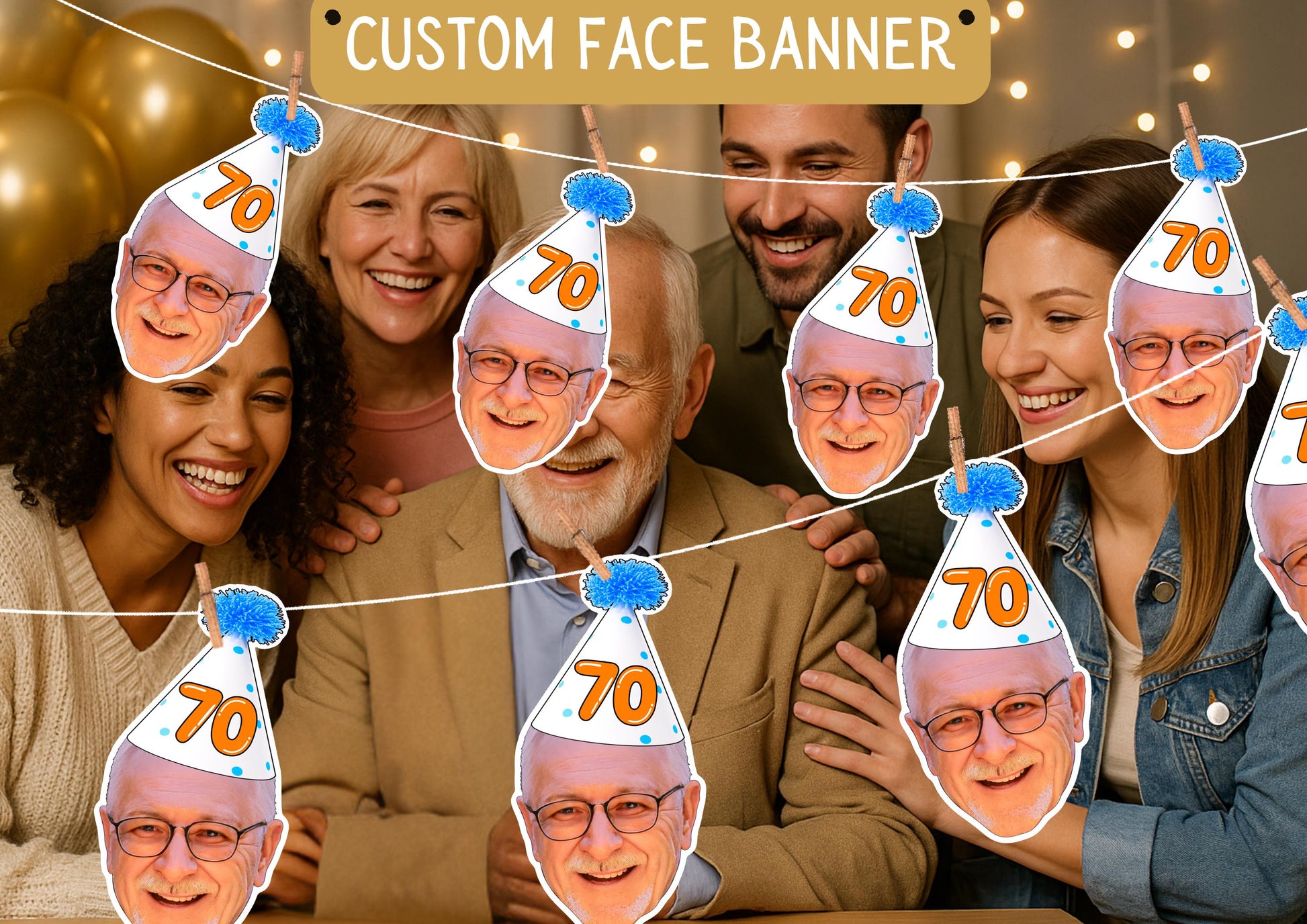 70th Birthday Banner – Personalised Face Garland – Funny Custom Photo Banner for Milestone Celebration – “Cheers to 70 Years” Party