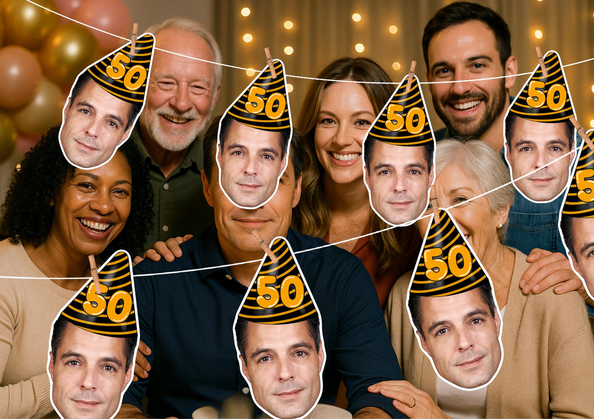 70th Birthday Banner – Personalised Face Garland – Funny Custom Photo Banner for Milestone Celebration – “Cheers to 70 Years” Party