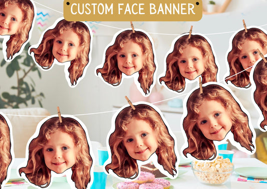 Personalised face banner made from your photo. Fun and unique party decoration for birthdays, celebrations, and special occasions.