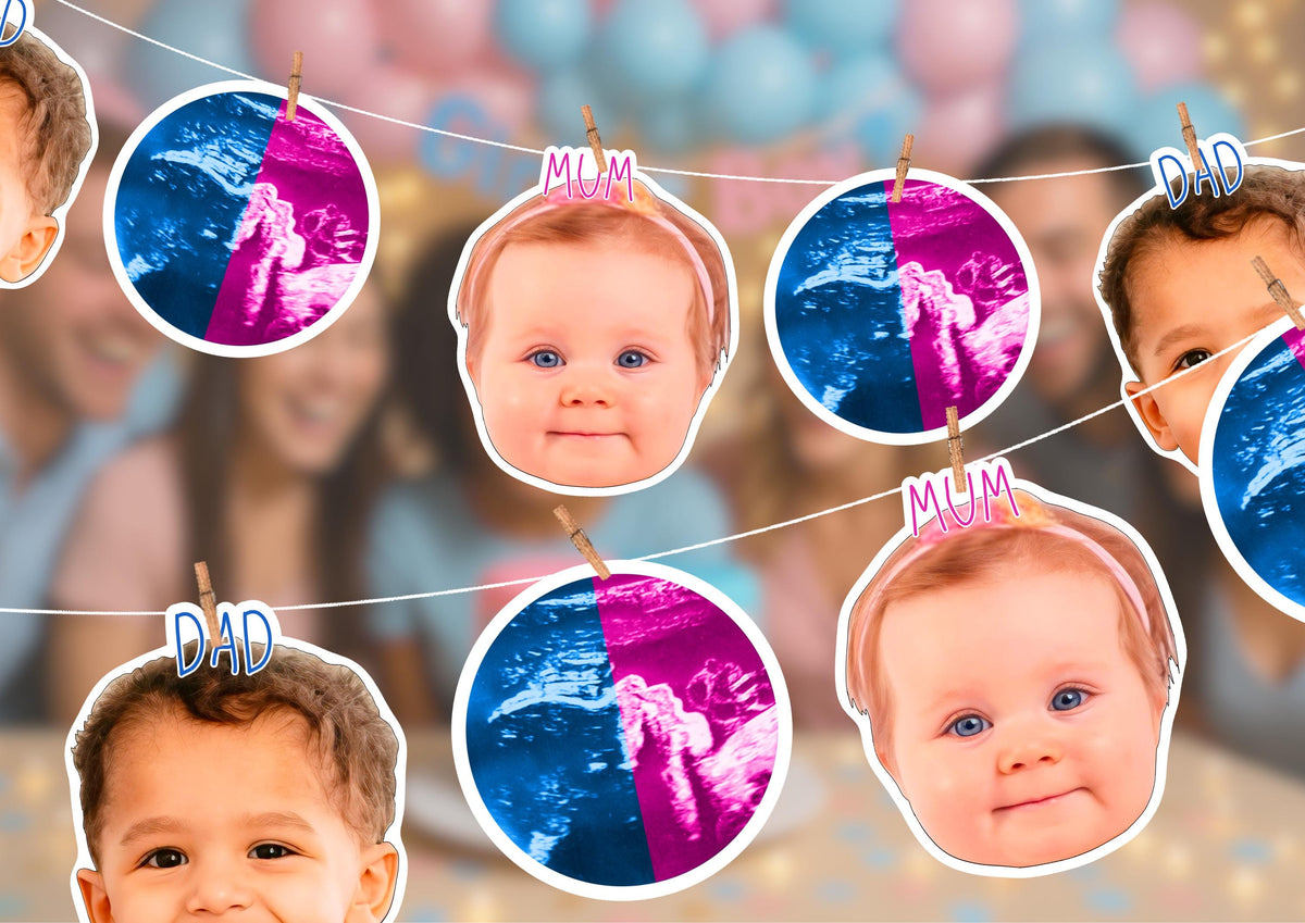 Custom Baby Scan & Baby Banner – Personalised Face Garland – Baby Shower, Gender Reveal, Christening and First Birthday Photo Decoration