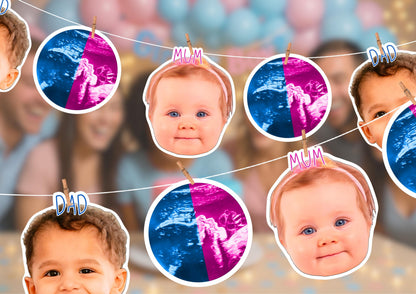 Custom Baby Scan & Baby Banner – Personalised Face Garland – Baby Shower, Gender Reveal, Christening and First Birthday Photo Decoration