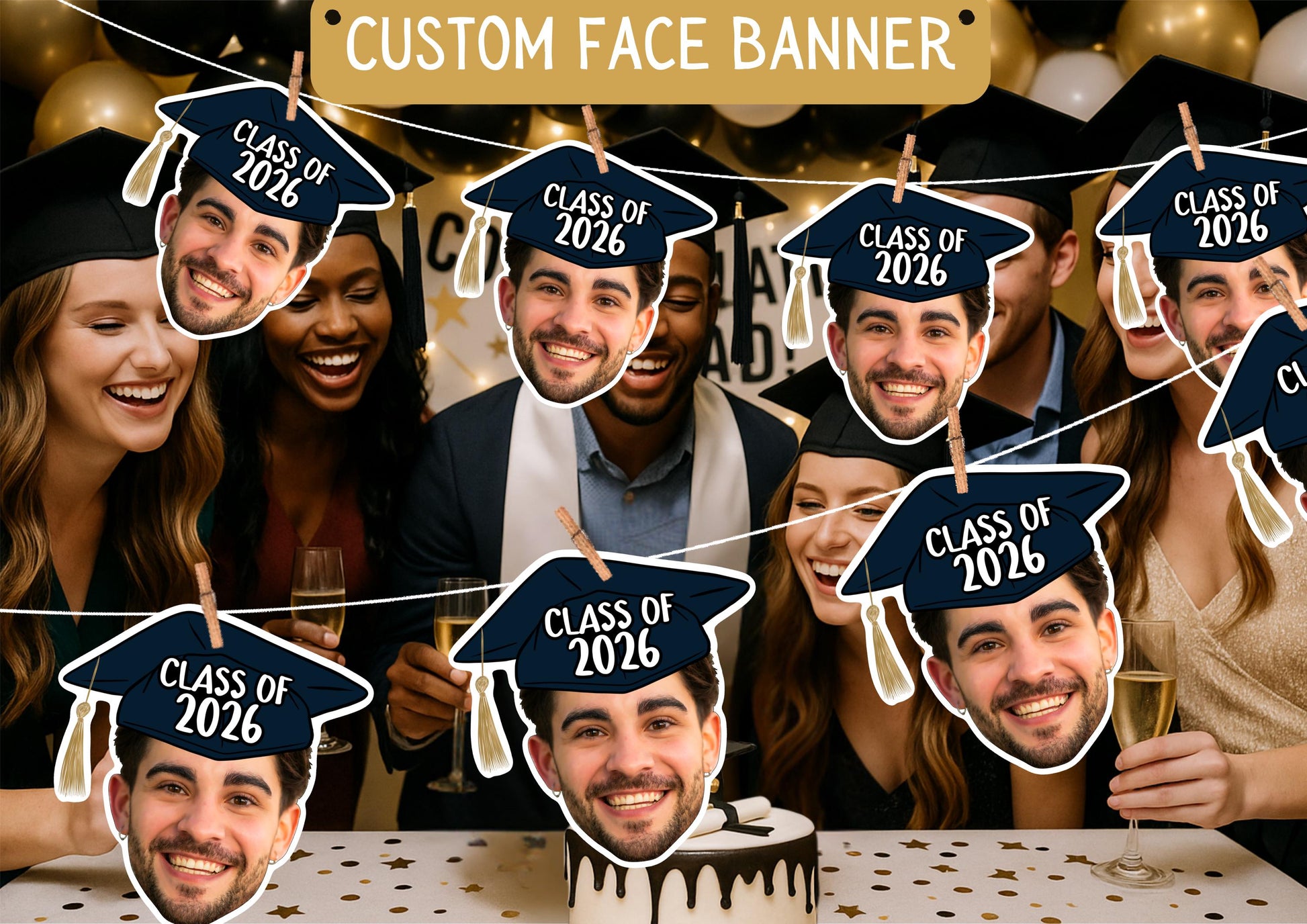 Personalised Graduation Photo Banner: Custom Face Garland for University Celebration & School Party Decor