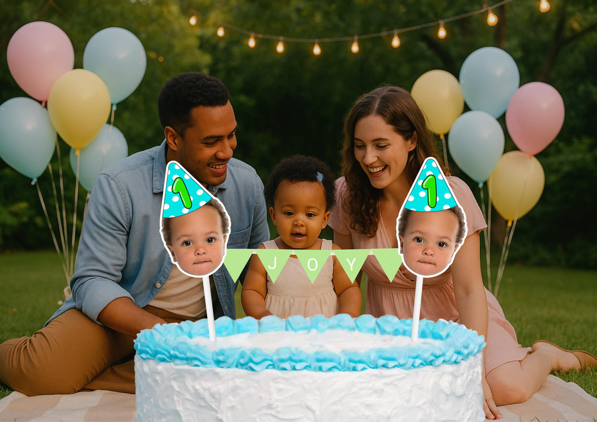 Personalized 1st Birthday Cake Topper: Custom Baby Photo, Name Bunting & Face Decoration Keepsake