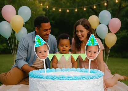 Personalized 1st Birthday Cake Topper: Custom Baby Photo, Name Bunting & Face Decoration Keepsake